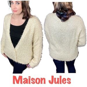 Maison Jules Size Large Ivory Vanilla Ice Metallic Flecked Eyelash Knit Cardigan